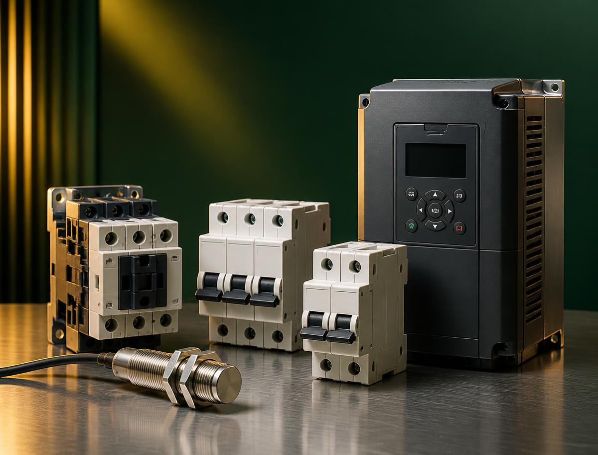 Componentes de automação industrial: contator, disjuntores, sensor de proximidade e inversor de frequência